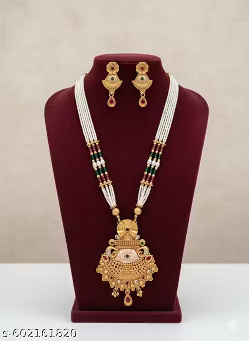 Antique Rajwadi Designer Long Mala Set with Pendant & Matching Earrings – Traditional Imitation Jewelry Set for Women