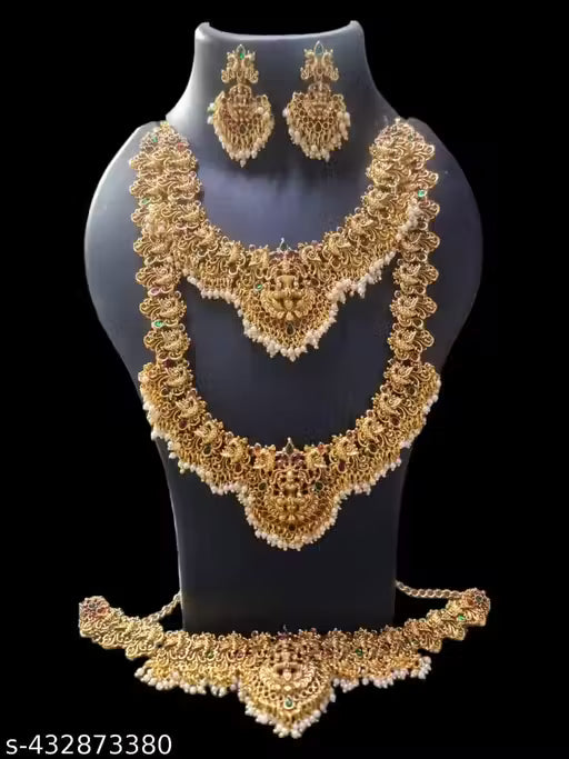 Traditional South Indian Temple Laxmi Design Semi Bridal Jewellery Set For Women And Girls.
